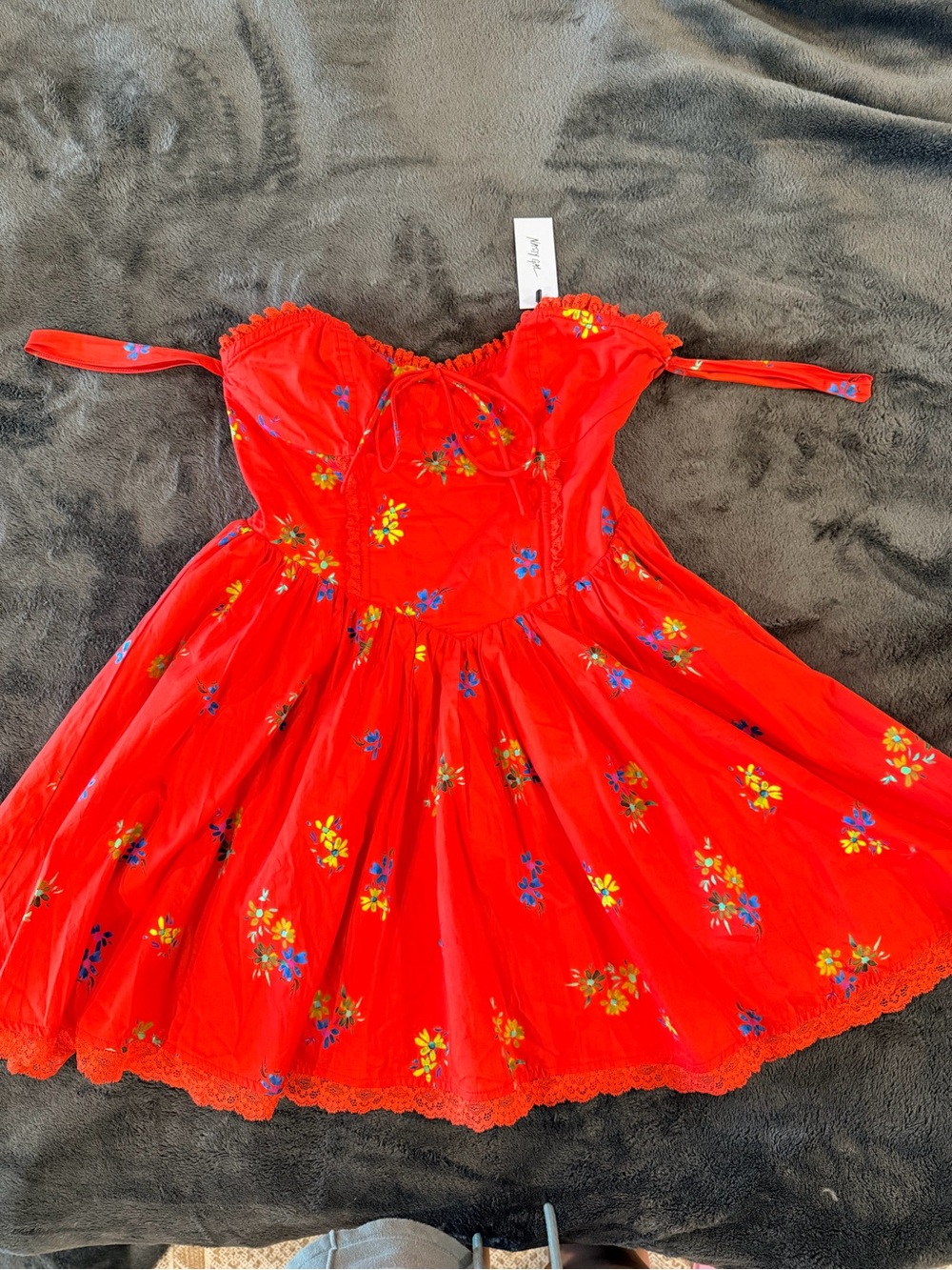 Nasty Gal Red Lace-Trim Ditsy Floral Bandeau Dress